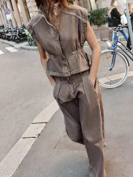 Denim High-neck Vest Mid-rise Wide Leg Dart Jeans Set Women's Sleeveless Elastic Waistband Snap-button Top Suit Chic Street Wear