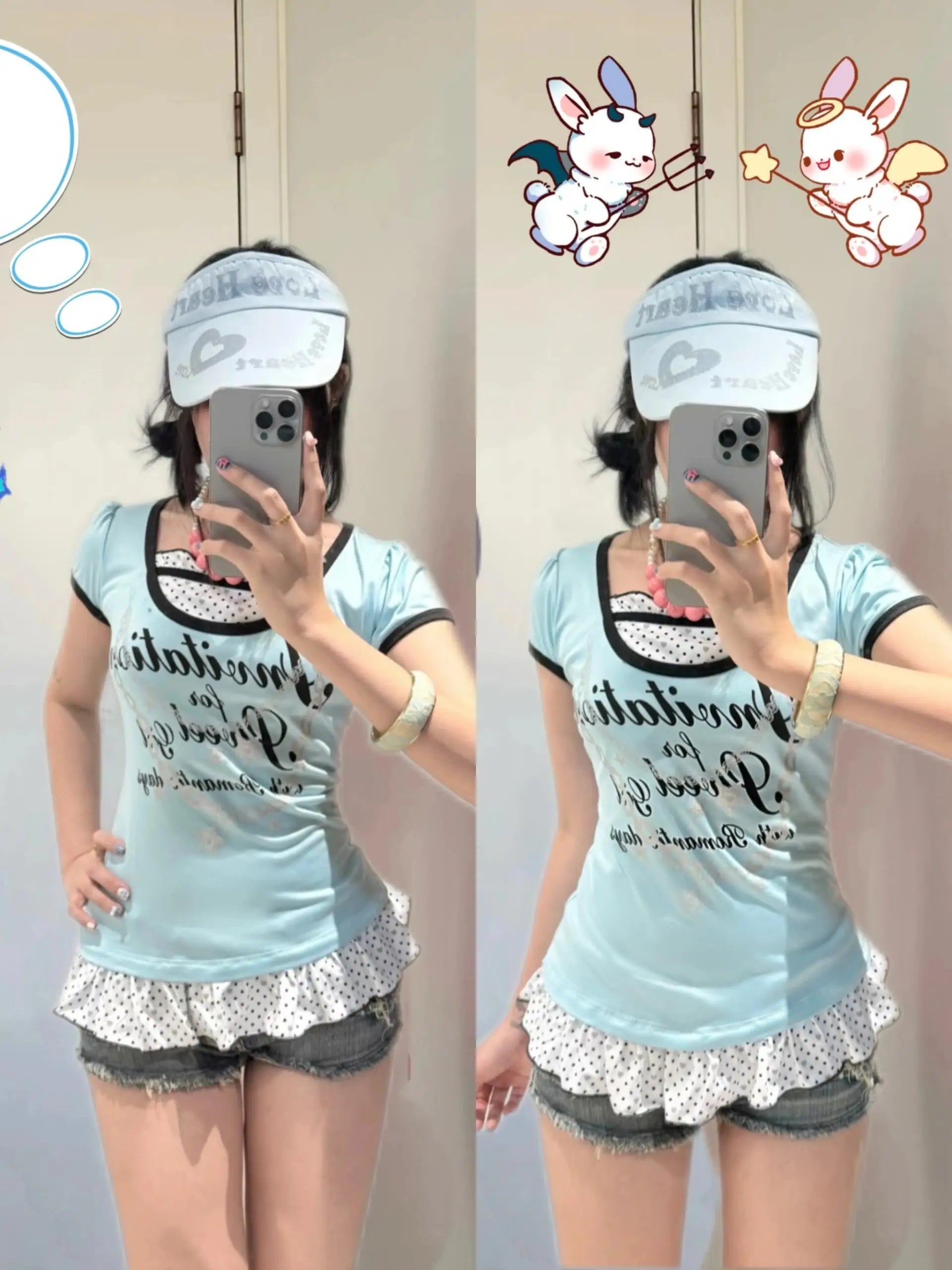 Y2K Millennium Hot Girl Letter Print Slim ort Sve Vintage Polka Dot Splice Lace Hem Top Fake Two-Piece T-irt