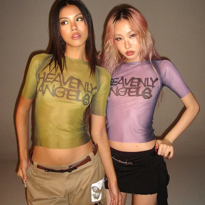 Y2K Letter Print Top See Through Graphic T Shirts For Women Clothing Short Sleeve Aesthetic Ropa De Mujer Skinny Sexy Streetwear