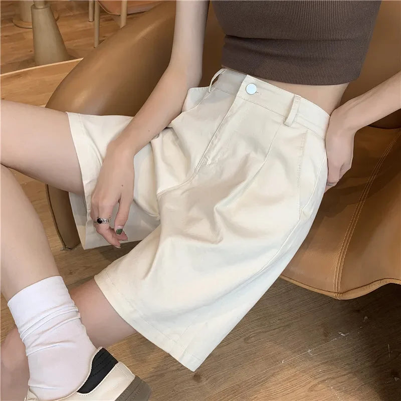 Summer High Waist Wide Leg Bermuda Shorts for Women Loose Straight Casual Pants with Belt Korean Style Button Detail